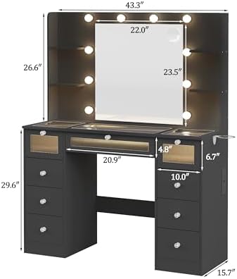 Black Vanity with Lighted 23.5'' Mirror, Makeup Vanity Desk with Glass Top - Image 2