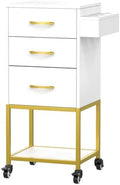 OmySalon Salon Storage Trolley Cart, White Gold Salon Station for Stylist, Beauty Wooden Hair Cabinet with Dryer Holder & Drawer, Hairdressing Tools Organizer Equipment for Spa Barbershop by OmySalon