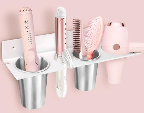 Hair Tool Organizer, Hair Dryer Holder with Heatproof Steel Cups, Acrylic Vanity Organizer for Curling Iron, Flat Iron & Hair Brushes, Perfect for Bathroom (White, Oversized) by Bollmside