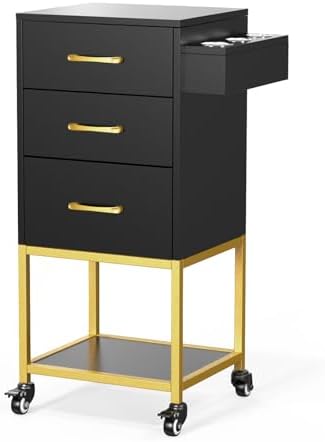 OmySalon Salon Trolley Cart with Wheels, Salon Station for Stylist, Hair Storage Cabinet with Dryer Holder & Drawer & Open Shelf, Barbershop Organizer Equipment, Black Gold - Image 2