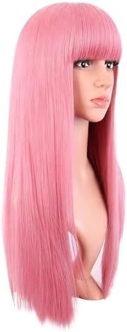MapofBeauty 24 Inch Long Straight Flat Bangs Party Cosplay Wig, Light Pink - Image 2