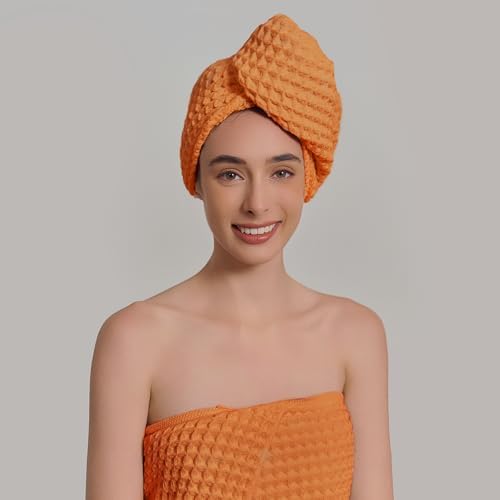 Luxury Organic Japanese Cotton Hair Drying Waffle Towel Wrap for Women | Absorbent, Quick-Dry Head Turban for Shower, Sauna, Spa | Extra Large for Long, Curly, Straight Hair With Button (Orange, 2 Pc) - Image 5