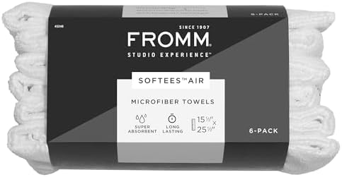 Fromm Softees Air Microfiber Lightweight Salon Hair Towels for Hairstylists, Barbers, Spa, Gym in White, 15.5" by 25.5", 6 count Perfect Hair Care Towel for Drying Curly, Long, Wavy Hair by Fromm