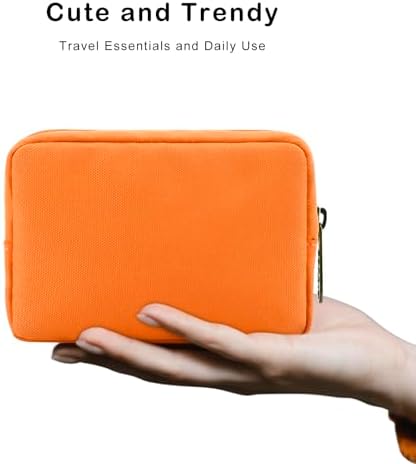 E-Tree Cute Small Makeup Bag,Cosmetic Toiletry Make up Skin Care Little Items Pouch for Purse,Zipper Mini Tech Charger Cable Electronic Organizer Case,Travel Accessories for Women Men Teen,Orange - Image 4