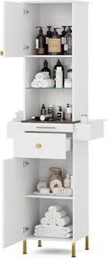 Salon Stations for Hair Stylist, Barber Station w/Glass Shelf & Golden Handles, Hair Salon Station Beauty Salon Spa Equipment w/6 Hair Dryer Holders, 2 Storage Cabinet & Drawers（White-New） by TTGIEET