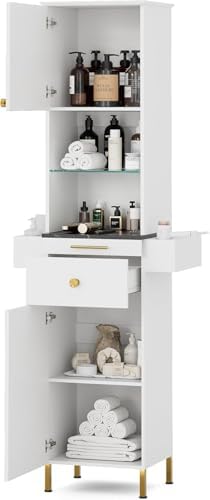 Salon Stations for Hair Stylist, Barber Station w/Glass Shelf & Golden Handles, Hair Salon Station Beauty Salon Spa Equipment w/6 Hair Dryer Holders, 2 Storage Cabinet & Drawers（White-New） by TTGIEET