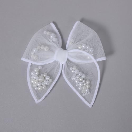 White Pearl Fable Hair Bow Clips for Girls Wedding 4" Mesh Tulle Ribbon Shaker Bow Alligator Hairpins Teens Women Pageant 1st Communion Party Dress Decor Accessory Gift - Image 5