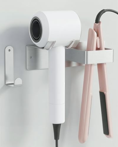 Hair Dryer and Straightener Holder, Upgraded Hair Straightener Holder with Cable Hook, Stainless Steel Universal Hair Dryer Wall Mount Waterproof for Bathroom Space-Saving Silver by PTALSEAW-PortableDryerHolder