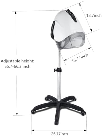 1000W Professional Hooded Hair Dryer,Standing Blow Hair Dryer with Cap and Wheels,Temperature and time are Adjustable,Suitable for Salon and Home(White-Stainless Steel Column) - Image 2