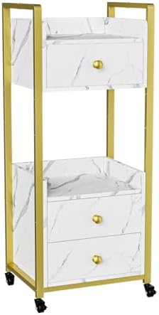 OmySalon Salon Trolley Cart with Wheels, Esthetician Cart with 3 Drawers & 2 Trays, Mobile Storage Organizer for Beauty Spa Massage Tattoo Esthetic Facial Tool Holder Station, White Marble by OmySalon