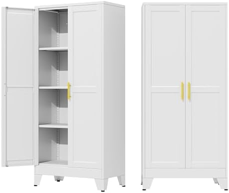 61" Metal Garage Storage Cabinet with 2 Doors and 3 Adjustable Shelves,Metal Storage Cabinets,Steel Tool Cabinets for Home,Office,Garage,Warehouse(White, 61''H x 27''W x 14''D) by AUEYTVR