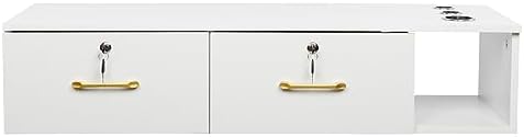 Wall Mount Styling Station, Locking 2 Drawers Storage Beauty Salon Equipment, Barber Station for Hair Stylist, 3 Hair Dryer Holes, White, 41.34 x 14.76 x 8.86 Inches by Ynredee
