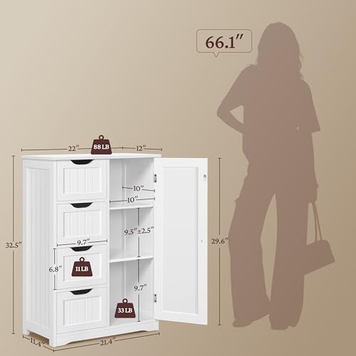 Yaheetech Small Bathroom Storage Cabinet with 4 Drawers & Door, White - Image 3