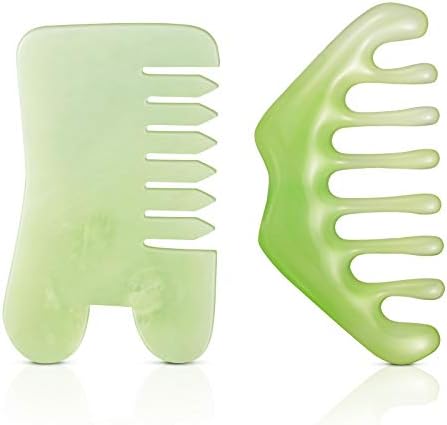 Geiserailie 2 Pcs Jade Combs Gua Sha Stone Scalp Massage Tool by Geiserailie