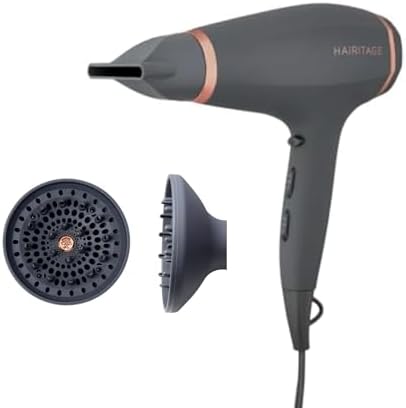 Hairitage Ionic Hair Blow Dryer & Diffuser + Concentrator Attachments, for All Hair Types, 1875 Watts, 3 Heat Settings & Cool Shot Locks-in Style, Best Lightweight Diffuser for Smooth Blowouts by Hairitage