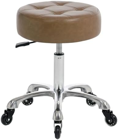 Rolling Salon Stool with Wider Round Seat- Height Adjustable Heavy-Duty Chair with Wheels for Salon Esthetician and Home Office Use, Heather Brown, Ivory by FRNIAMC