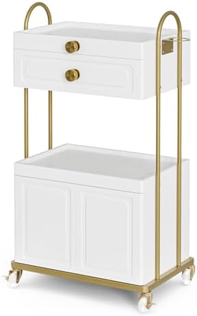 Salon Trolley Cart with Lockable Wheels, Salon Station Cabinet with Drawer & Cabinet for Hair Stylist Makeup Tool Organizer for Beauty Spa Barbershop (White&Gold) by Belandi