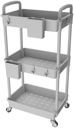 3 Tier Rolling Utility Cart with Handle,REBECAT Utility Cart Made of Multifunctional Storage Organizer Tool for Kitchen,Bathroom,Living Room,Office(Gray) by REBECAT