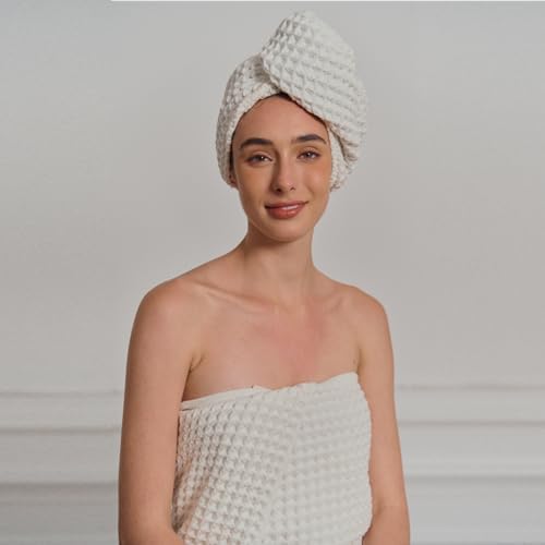 Luxury Organic Japanese Cotton Hair Drying Waffle Towel Wrap for Women | Absorbent, Quick-Dry Head Turban for Shower, Sauna, Spa | Extra Large for Long, Curly, Straight Hair With Button (White, 2 Pc) - Image 5