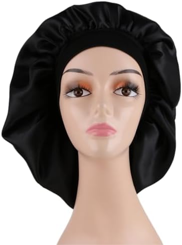 2 Pcs Extra Large Size Women Satin Bonnet Sleep Cap Silk Feeling Shower Cap Hair Scarf Wrap (Black Burgundy Hot Pink) (Black) by AllMatchWigs