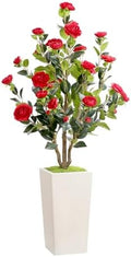 Romantic Season 4FT Artificial Camellia Tree with White Tall Planter, Red Faux Camellia Plant Flower Tree for Modern Home Office Living Room Floor Décor Outdoor Indoor，Red by RomanticSeason