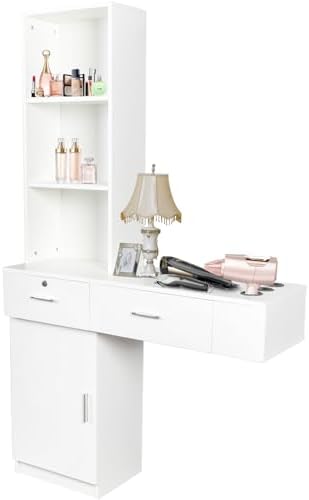 Barber Station Wall Mount Styling Stations for Salons with Cabinets Salon Station for Hair Stylist with Lockable Drawers Salon Cabinet with 3 Shelves Styling Hairstylist Station (White) by Lalurten