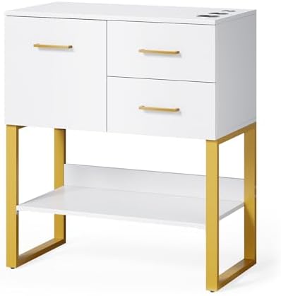 OmySalon Professional Barber Station, Salon Stations for Hair Stylist, Storage Cabinet with 3 Hair Dryer Holders, 2 Drawers, Hairdressing Organizer Table for Beauty Spa Barbershop Home, White Gold - Image 2