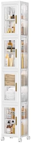 VECELO 4 Tier Tall Plastic Slim Storage Cabinet with Lockable Wheels, Adjustable Shelves, Anti-Tip for Bathroom, Living Room, Laundry Room, Kitchen, Narrow/Small Space, Easy Assembly, Clear by VECELO