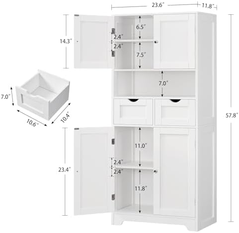 Iwell Tall Storage Cabinet with Adjustable Shelf & 2 Drawers, Kitchen Pantry Cabinet, Pantry Cabinets with 4 Doors, Tall Cabinets for Living Room, Kitchen, Bathroom, White - Image 3