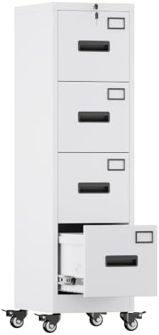 Aobabo 4 Drawer Metal File Cabinet with Lock and Wheels, White by Aobabo