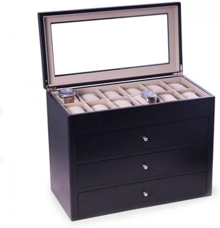 Bey-Berk Stanley 48 Slot Watch Box (Black), Matte Wood Watch Storage Chest with Glass Top, 3 Drawers & Velour-Lined Cushions - Image 3