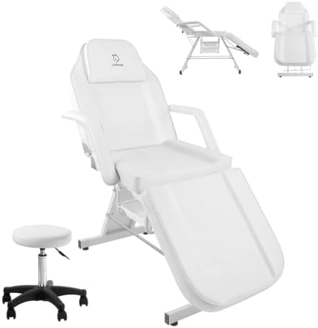 Facial Chair,73″ Tattoo Chair for Client,3-Section Adjustable Massage Table with Stool,Multipurpose Beauty Beds Salon Equipment for Esthetician,Tattooshop,Spa (White) by LUXMARS