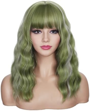 Sebast Pastel Bob Wigs with Bangs for Women Loose Wavy Wig Pastel Wavy Shoulder Length Bob Synthetic Cosplay Wig for Girl Colorful Costume Wigs (Sage Green pink Highlight) by Sebast