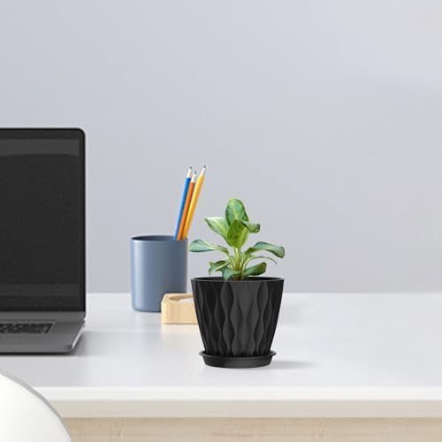 Meowell 4 inch Small Plastic Nursery Pots, Seedling Pots, 5 Set Water Ripples Plant Pots for Indoor Plants, Flower Pots with Drainage Holes and Saucers, Seed Starter Pots for Succulent Plants, Black - Image 4