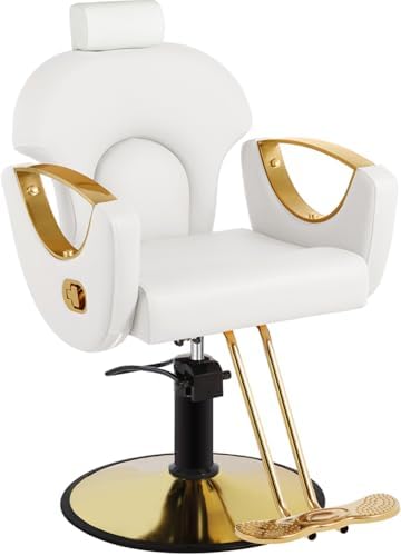 Reclining Barber Salon Chair for Hair Stylist, Professional Hair Stylist Chairs with Heavy Duty Hydraulic Pump, Hairdresser Braiding Styling Shampoo Chair for Spa Home Euipment, White Gold by FELIVINE