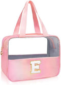 Personalized Initial Clear Makeup Bag Pink Cosmetic Bag Set Large Travel Toiletry Bag, Cute Clear Make Up Bags Organizer Bag for Girlfriend Teacher Gifts Teen Girl Gifts Trendy Stuff E (Pink) by junesters