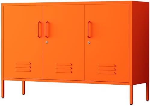 32" Orange 3 Door Lockable Metal Cabinet, Freestanding Multipurpose Heavy Duty Storage Locker with Adjustable Shelves for Home Office Kitchen Living Room Bedroom by HOME