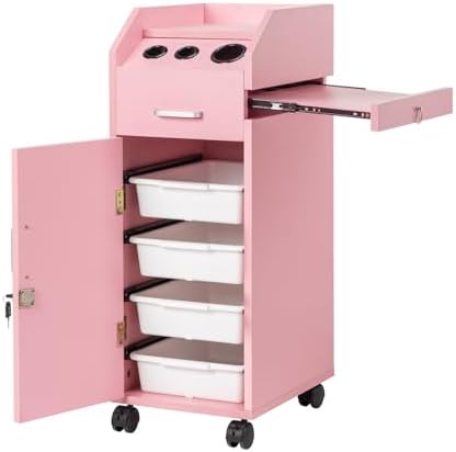 Winado Salon Trolley Cart with 4 Trays, 3 Hair Dryer Holders, Pink by Winado