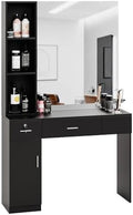 OmySalon Salon Station with Mirror, Locking Barber Station for Hair Stylist, Wall Mount Cabinet with Hair Dryer Holders & Open Shelves, for Barbershop Beauty Spa, Black by OmySalon