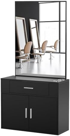 OmySalon Wall Mount Salon Station with Mirror, Hair Styling Barber Station, Beauty Salon Spa Equipment with 1 Drawer, 1 Storage Cabinet, 2 Hair Dryer Holders, Black by OmySalon