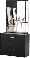 OmySalon Wall Mount Salon Station with Mirror, Hair Styling Barber Station, Beauty Salon Spa Equipment with 1 Drawer, 1 Storage Cabinet, 2 Hair Dryer Holders, Black by OmySalon