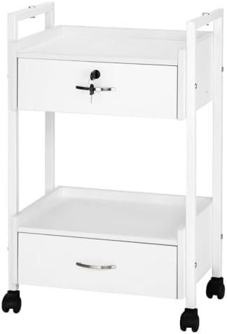 Salon Trolley Cart for Beauty SPA, Wooden Rolling Storage Station, White Mobile Utility Cabinet with 2 Drawers 1 Lockable, Medical Esthetic Supply Holder for Massage Tattoo Facials by OmySalon