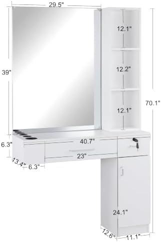 BarberPub Wall Mount Salon Station with 3 Hair Dryer Holders Hair Styling Station with Mirror Beauty Salon Spa Equipment Set 3026 (White) - Image 3