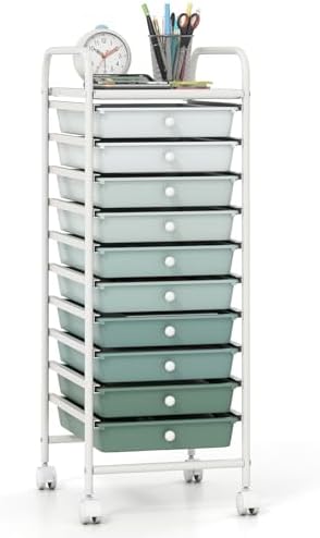 Giantex 10-Drawer Rolling Storage Cart w/Wheels, Handle, Removable Drawers, Mobile Organizer Storage Unit, Trolley Utility Cart for Home Kitchen Living Room Office Play Room, Green Gradient by Giantex