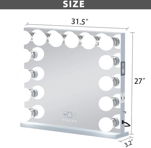 VANITII Large Hollywood Vanity Mirror with 14 Detachable Bulbs Lights and Bluetooth, 31.5''X27'' LCD Touch Screen Makeup Mirror with USB Charge Port - Image 6