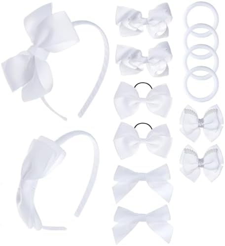 phnydreg Girl White Hair Bow Accessories 14 Pieces Uniform Hair Bows Hair Clips Headband for School Toddler Girls by phnydreg