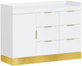 OmySalon Salon Station for Stylists, Free Standing Barber Vanity with 6 Drawers, 1 Cabinet & Adjustable Shelves, Large Storage Hair Beauty Furniture for Barbershop, White Gold by OmySalon