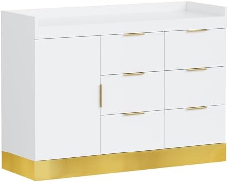 OmySalon Salon Station for Stylists, Free Standing Barber Vanity with 6 Drawers, 1 Cabinet & Adjustable Shelves, Large Storage Hair Beauty Furniture for Barbershop, White Gold by OmySalon