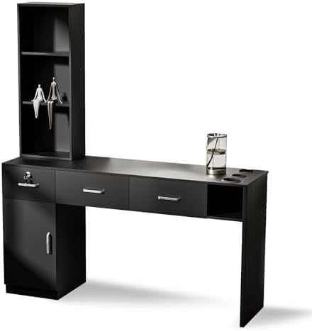 50.4" Barber Station for Hair Stylist, Salon Storage Cabinet with 3 Drawers, Lockable Compartment, 3 Tool Holders and Open Shelves, Hairdresser Workstation, Black, Mirror Not Included - Image 6