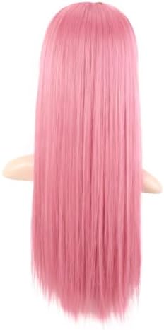 MapofBeauty 24 Inch Long Straight Flat Bangs Party Cosplay Wig, Light Pink - Image 4